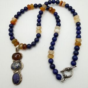 21" Revived 8mm lapis lazuli and faceted agate beads w/ 925 hardware & pendant!